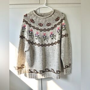 Lydia Jane- Knitted By Hand Tan Sweater with Floral Accents, Large